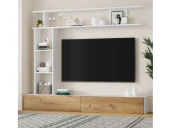 Discount Conjunto de móvel para TV 3 peças – móvel para TV + prateleira vertical + prateleira de parede – 2 portas basculantes - branco e natural Móvel De Tv