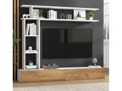 Discount Conjunto de móvel para TV 3 peças – móvel para TV + prateleira vertical + prateleira de parede – 2 portas basculantes - branco e natural Móvel De Tv