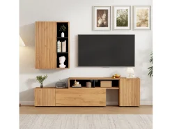Conjunto de móvel para TV 2 peças - móvel para TV ajustável + móvel de parede - 4 portas - prateleiras abertas - natural+preto^ModernLuxe Hot