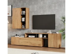 Conjunto de móvel para TV 2 peças - móvel para TV ajustável + móvel de parede - 4 portas - prateleiras abertas - natural+preto^ModernLuxe Hot