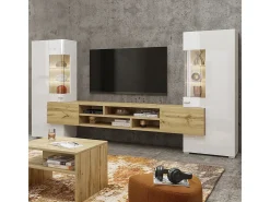 Conjunto de suportes para TV e 2 armários Akram em branco e madeira^Petits-Meubles