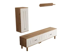 Online Conjunto de TV mural 3 peças - Móvel para TV, vitrine e prateleira - 5 portas - Pés de madeira maciça - Branco + natural Móvel De Tv