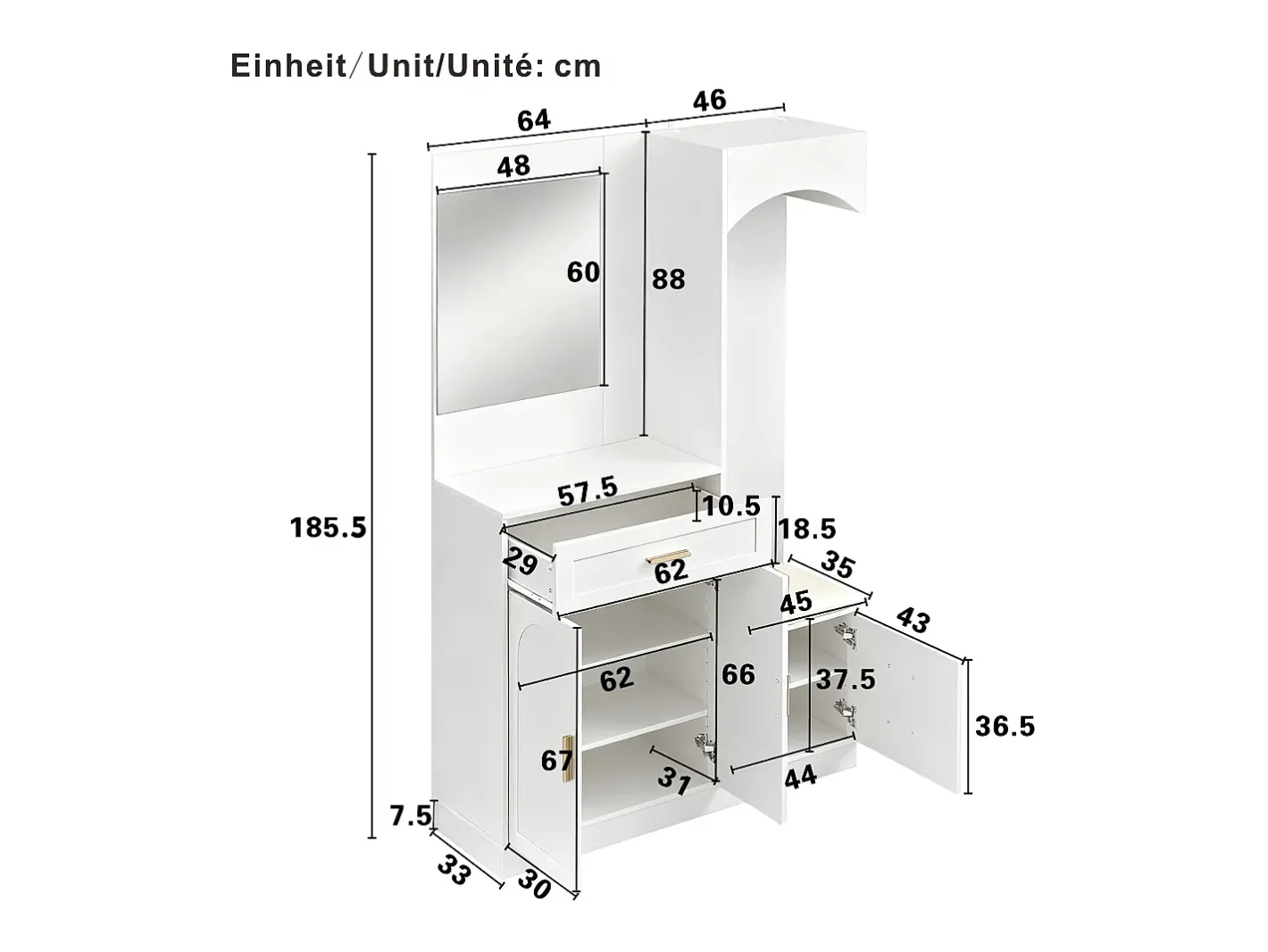 Conjunto de vestiário de entrada 110x33x185,5 cm - 3 portas e 1 gaveta - Móvel para sapatos e banco calçadeiro - com espelho -^ModernLuxe