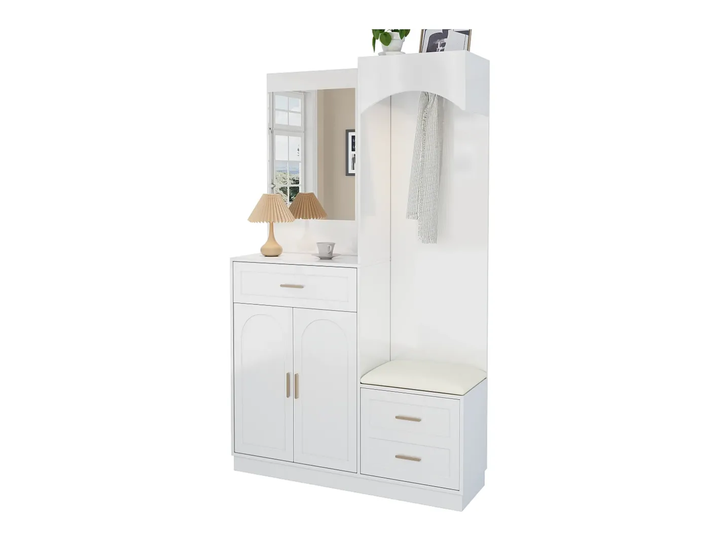 Conjunto de vestiário de entrada 110x33x185,5 cm - 3 portas e 1 gaveta - Móvel para sapatos e banco calçadeiro - com espelho -^ModernLuxe