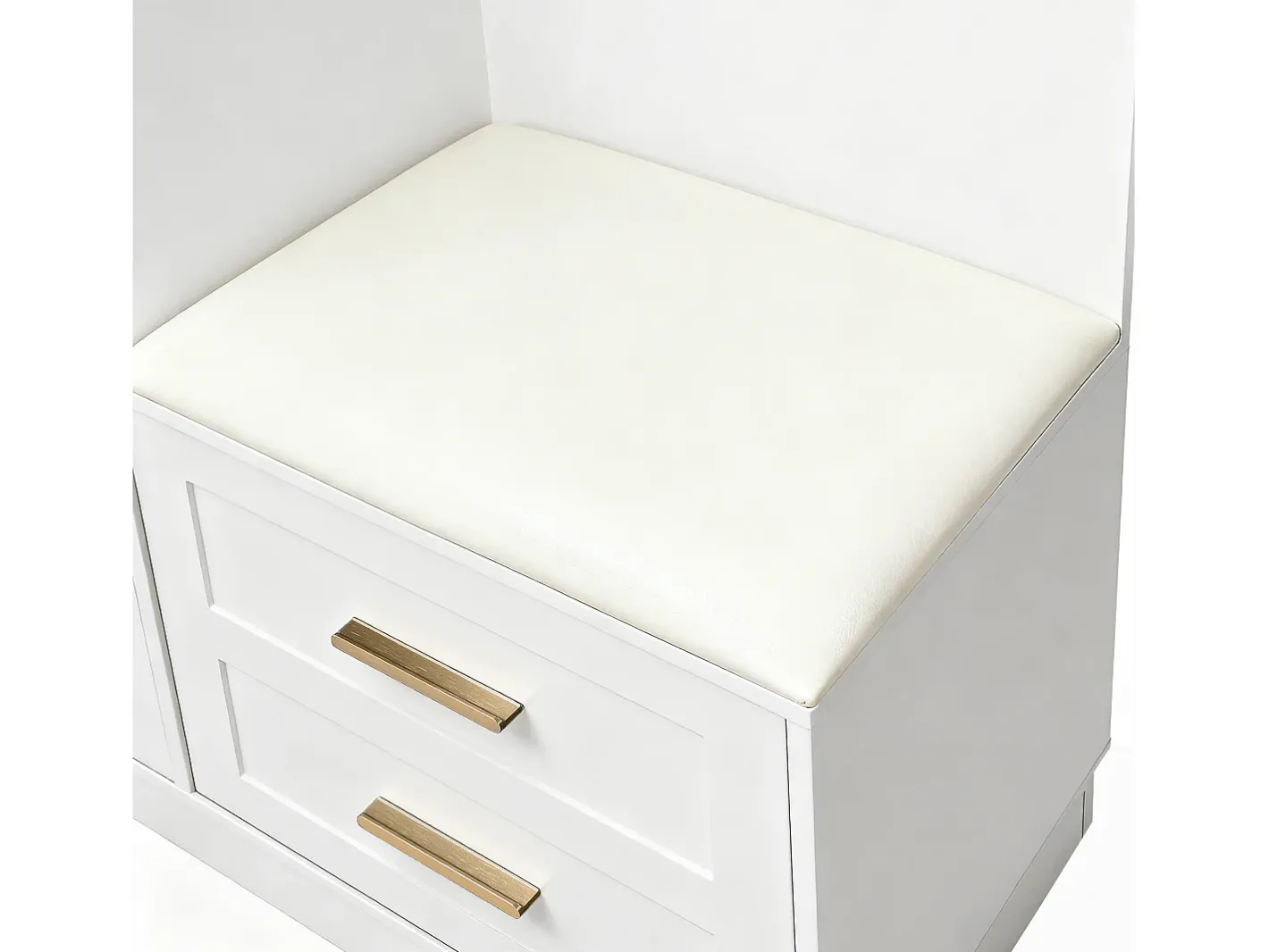 Conjunto de vestiário de entrada 110x33x185,5 cm - 3 portas e 1 gaveta - Móvel para sapatos e banco calçadeiro - com espelho -^ModernLuxe