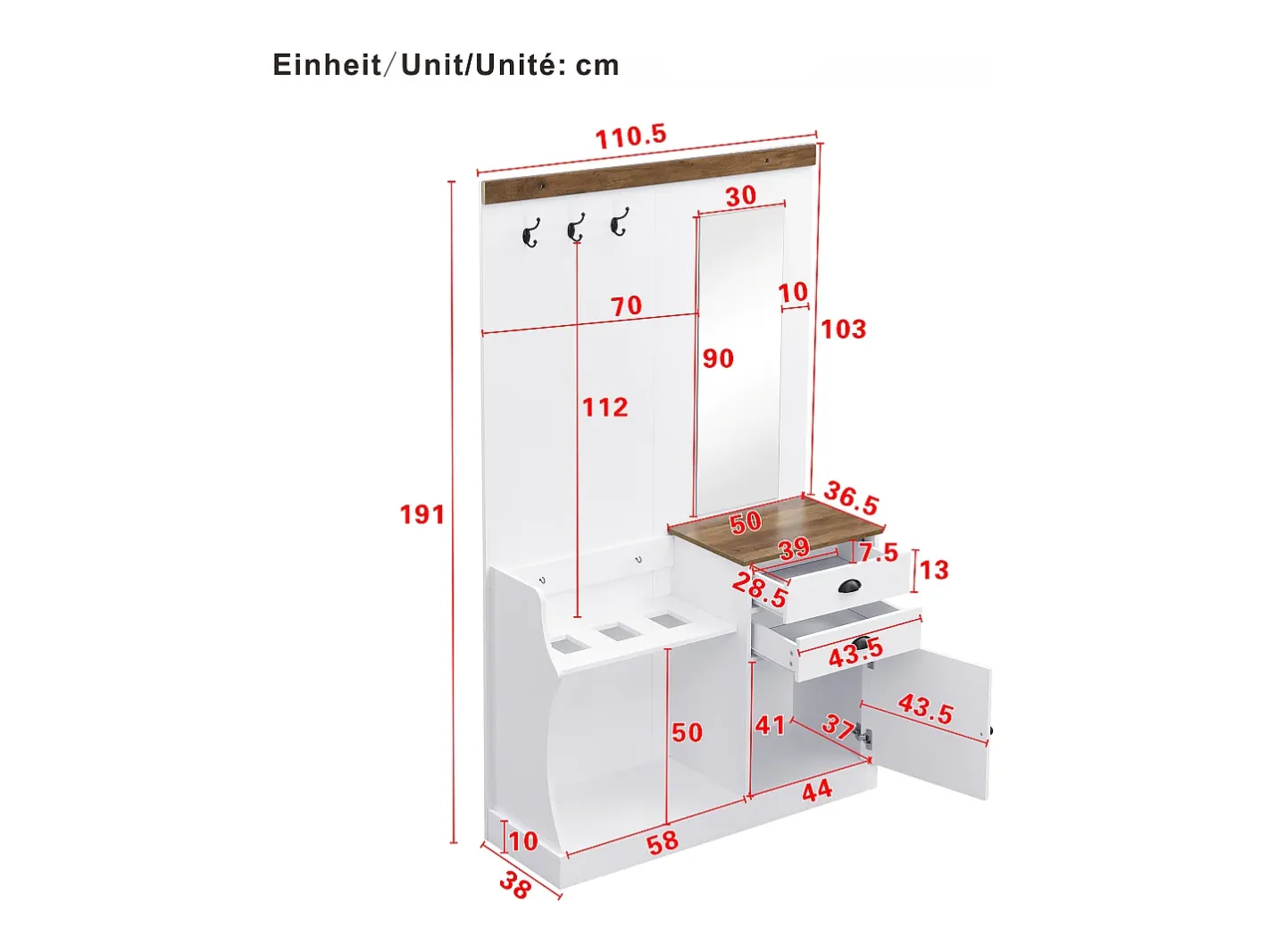 Conjunto de vestiário de entrada 110.5x38x191 cm - com espelho e ganchos - 2 gavetas e 1 porta - com guarda-chuva -^ModernLuxe