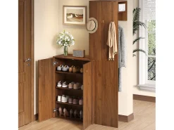 Conjunto de vestiário de entrada moderno - Sapateira + Cabideiro - Com varão e ganchos - MDF - Cor nogueira​ (Perfuração necessária)*ModernLuxe Sale