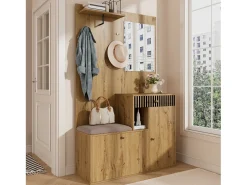Conjunto de vestiário de entrada 110x37x185,5 cm - com espelho e ganchos - Móvel para sapatos e banco calçadeiro - Natural^ModernLuxe Clearance