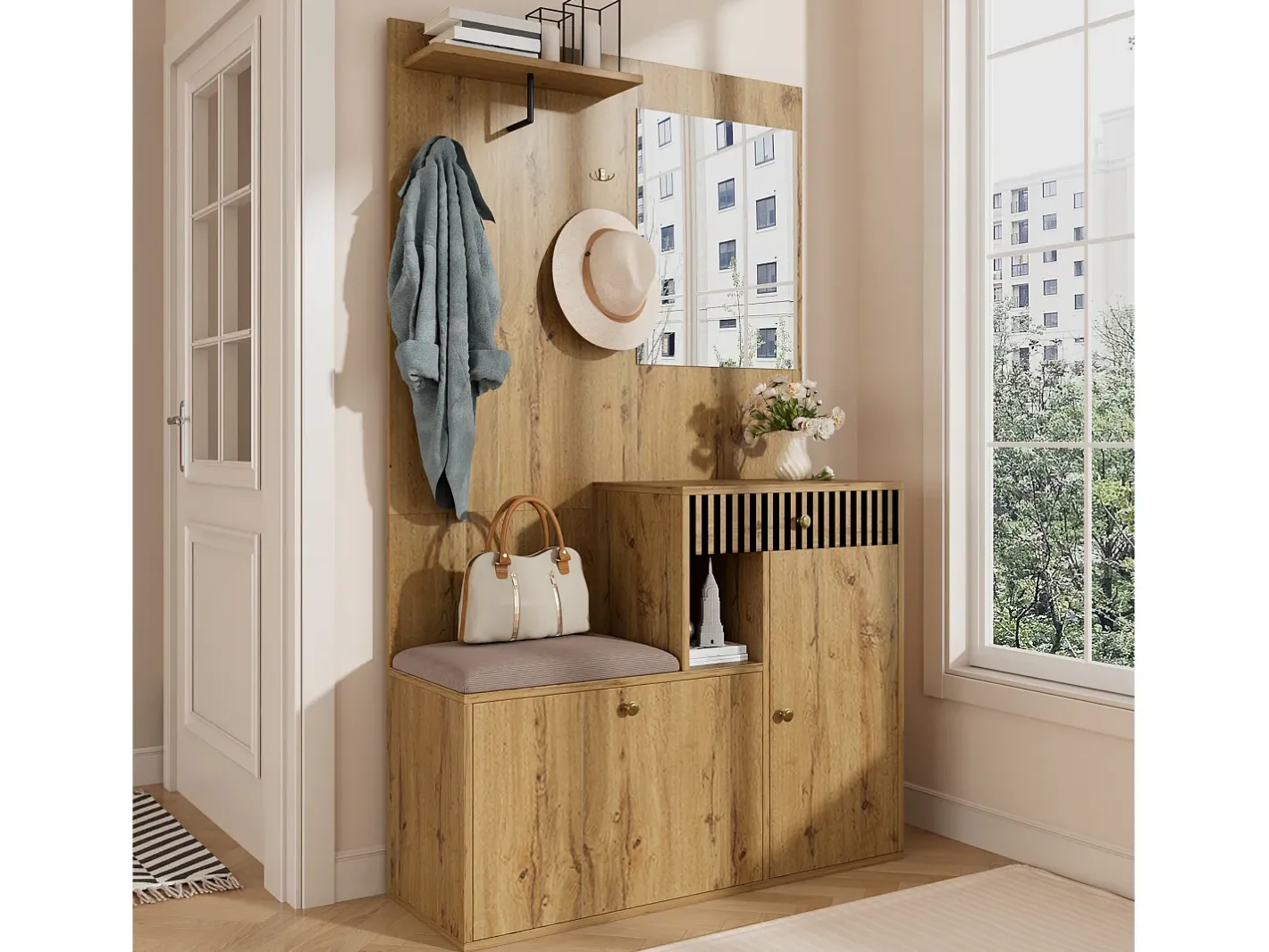 Conjunto de vestiário de entrada 110x37x185,5 cm - com espelho e ganchos - Móvel para sapatos e banco calçadeiro - Natural^ModernLuxe Clearance