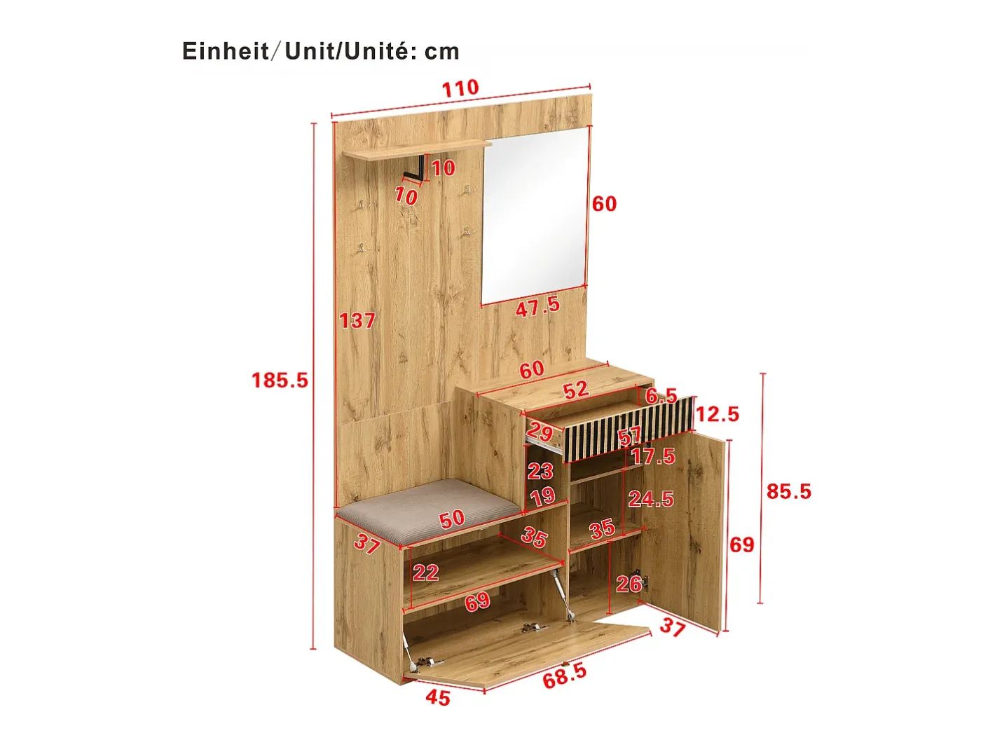 Conjunto de vestiário de entrada 110x37x185,5 cm - com espelho e ganchos - Móvel para sapatos e banco calçadeiro - Natural^ModernLuxe Clearance
