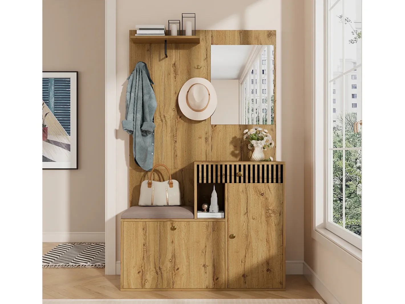 Conjunto de vestiário de entrada 110x37x185,5 cm - com espelho e ganchos - Móvel para sapatos e banco calçadeiro - Natural^ModernLuxe Clearance