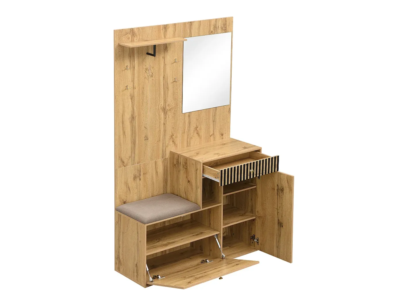 Conjunto de vestiário de entrada 110x37x185,5 cm - com espelho e ganchos - Móvel para sapatos e banco calçadeiro - Natural^ModernLuxe Clearance