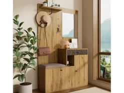 Conjunto de vestiário de entrada 110x37x185,5 cm - com espelho e ganchos - Móvel para sapatos e banco calçadeiro - Natural^ModernLuxe Clearance