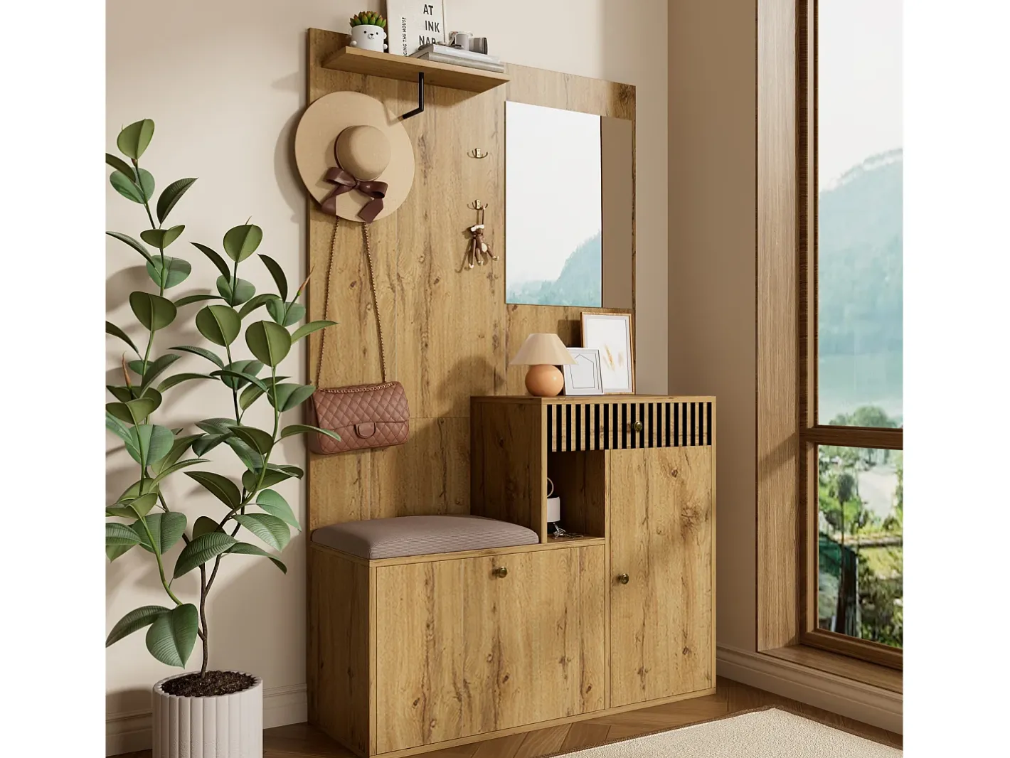 Conjunto de vestiário de entrada 110x37x185,5 cm - com espelho e ganchos - Móvel para sapatos e banco calçadeiro - Natural^ModernLuxe Clearance