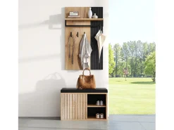 Best Conjunto de vestiário de entrada - 1 cabideiro e 1 móvel para sapatos - com almofada e 3 ganchos - Natural + Preto Móvel De Entrada