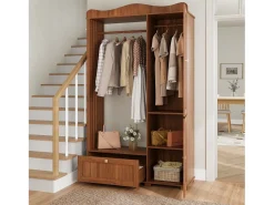 Conjunto de vestiário de entrada - 115,5x38,5x194,5 cm - con espelho e varal aberto - 1 gaveta e 2 portas - MDF - Cor nogueira^ModernLuxe