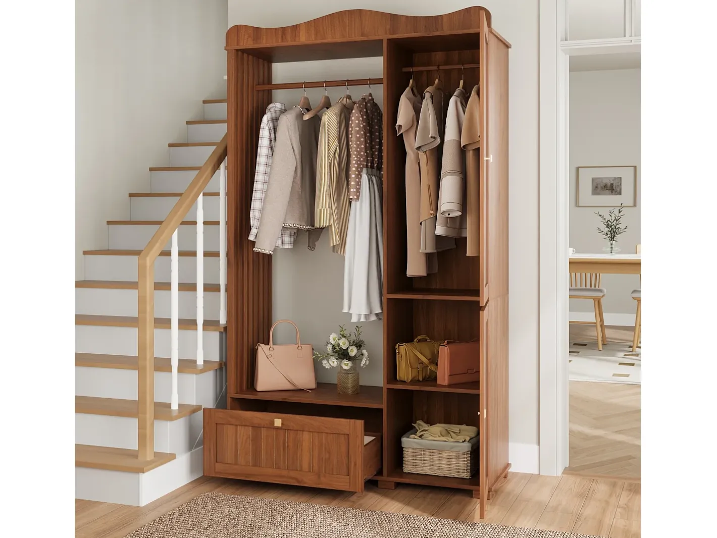 Conjunto de vestiário de entrada - 115,5x38,5x194,5 cm - con espelho e varal aberto - 1 gaveta e 2 portas - MDF - Cor nogueira^ModernLuxe