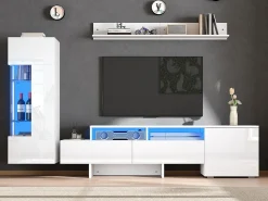 Conjunto móvel TV 3 peças - Móvel TV + vitrina + prateleira de parede - Iluminação LED - 2 portas + 2 gavetas - Acabamento brilhante -^ModernLuxe Outlet