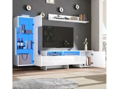 Conjunto móvel TV 3 peças - Móvel TV + vitrina + prateleira de parede - Iluminação LED - 2 portas + 2 gavetas - Acabamento brilhante -^ModernLuxe Outlet