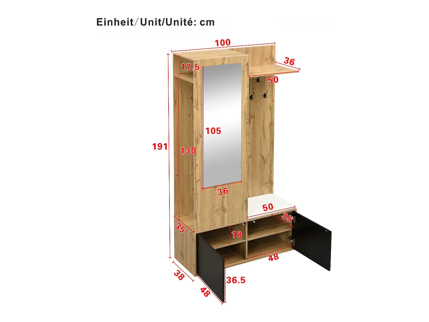 Discount Conjunto vestiário de entrada 100×38×191 cm - com cabideiro e sapateira - ganchos e 1 espelho - natural + preto Móvel De Entrada