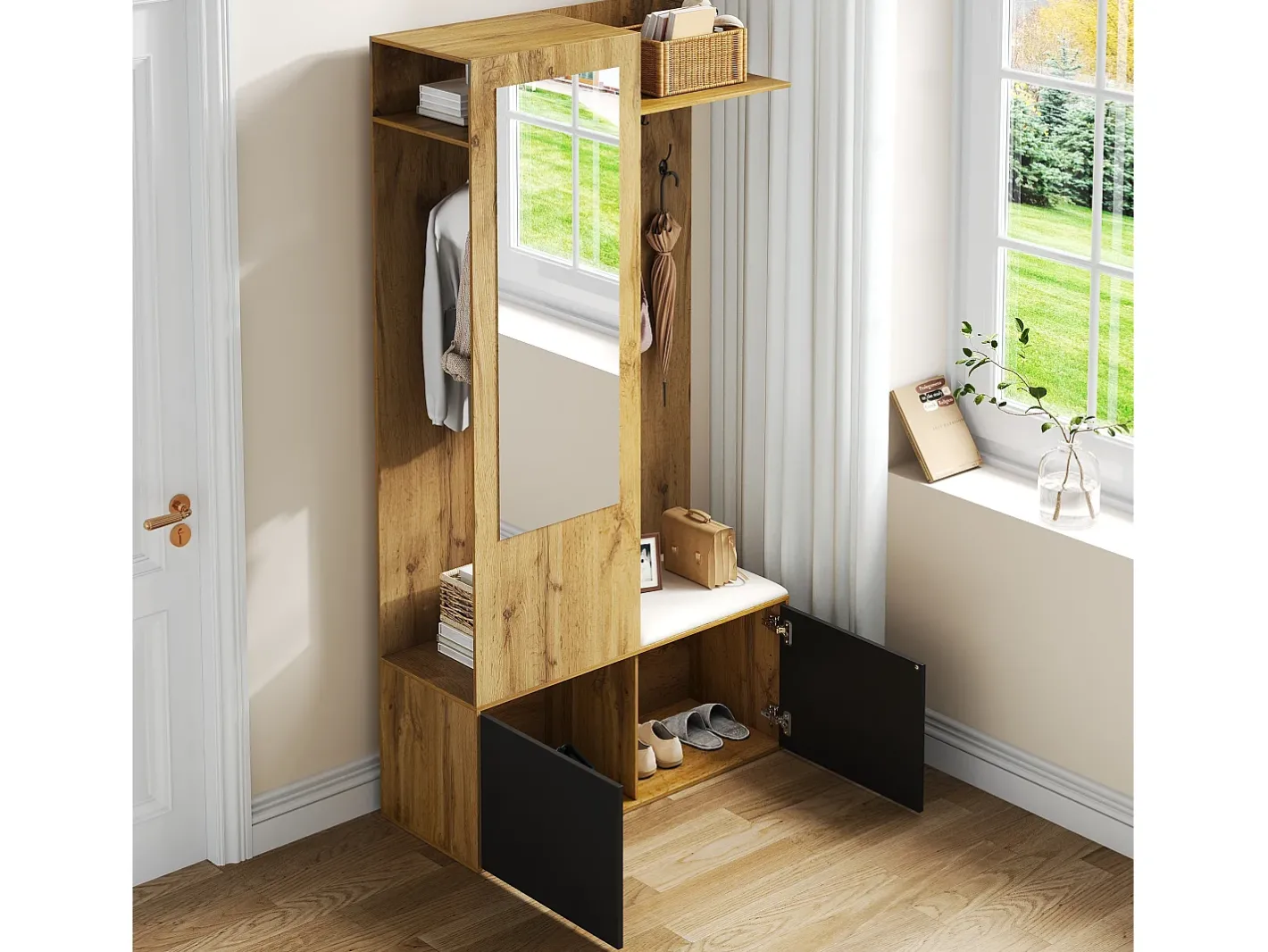 Discount Conjunto vestiário de entrada 100×38×191 cm - com cabideiro e sapateira - ganchos e 1 espelho - natural + preto Móvel De Entrada