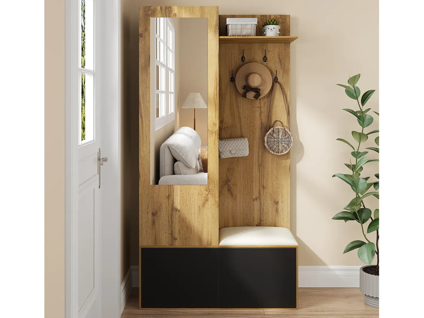 Discount Conjunto vestiário de entrada 100×38×191 cm - com cabideiro e sapateira - ganchos e 1 espelho - natural + preto Móvel De Entrada