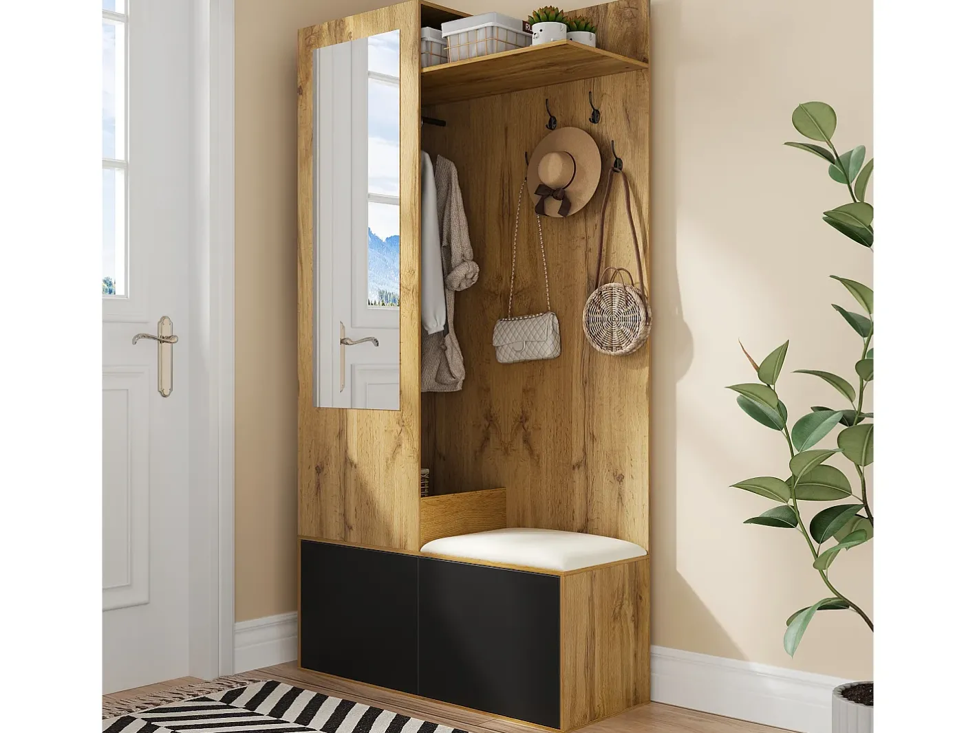 Discount Conjunto vestiário de entrada 100×38×191 cm - com cabideiro e sapateira - ganchos e 1 espelho - natural + preto Móvel De Entrada