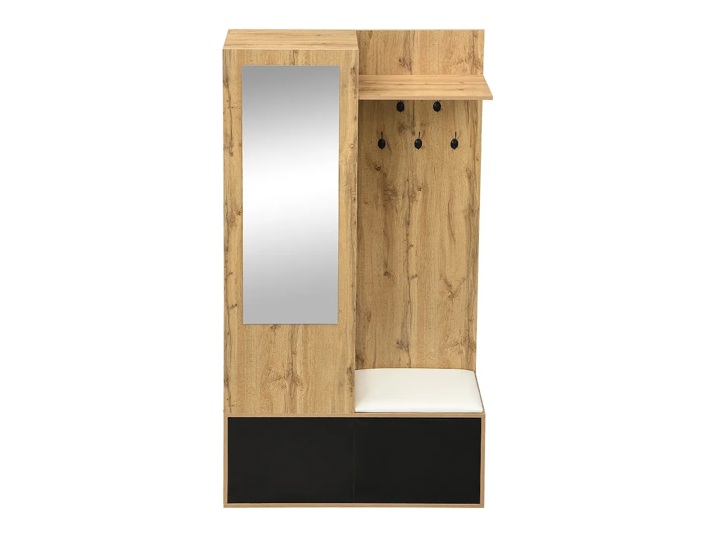 Discount Conjunto vestiário de entrada 100×38×191 cm - com cabideiro e sapateira - ganchos e 1 espelho - natural + preto Móvel De Entrada