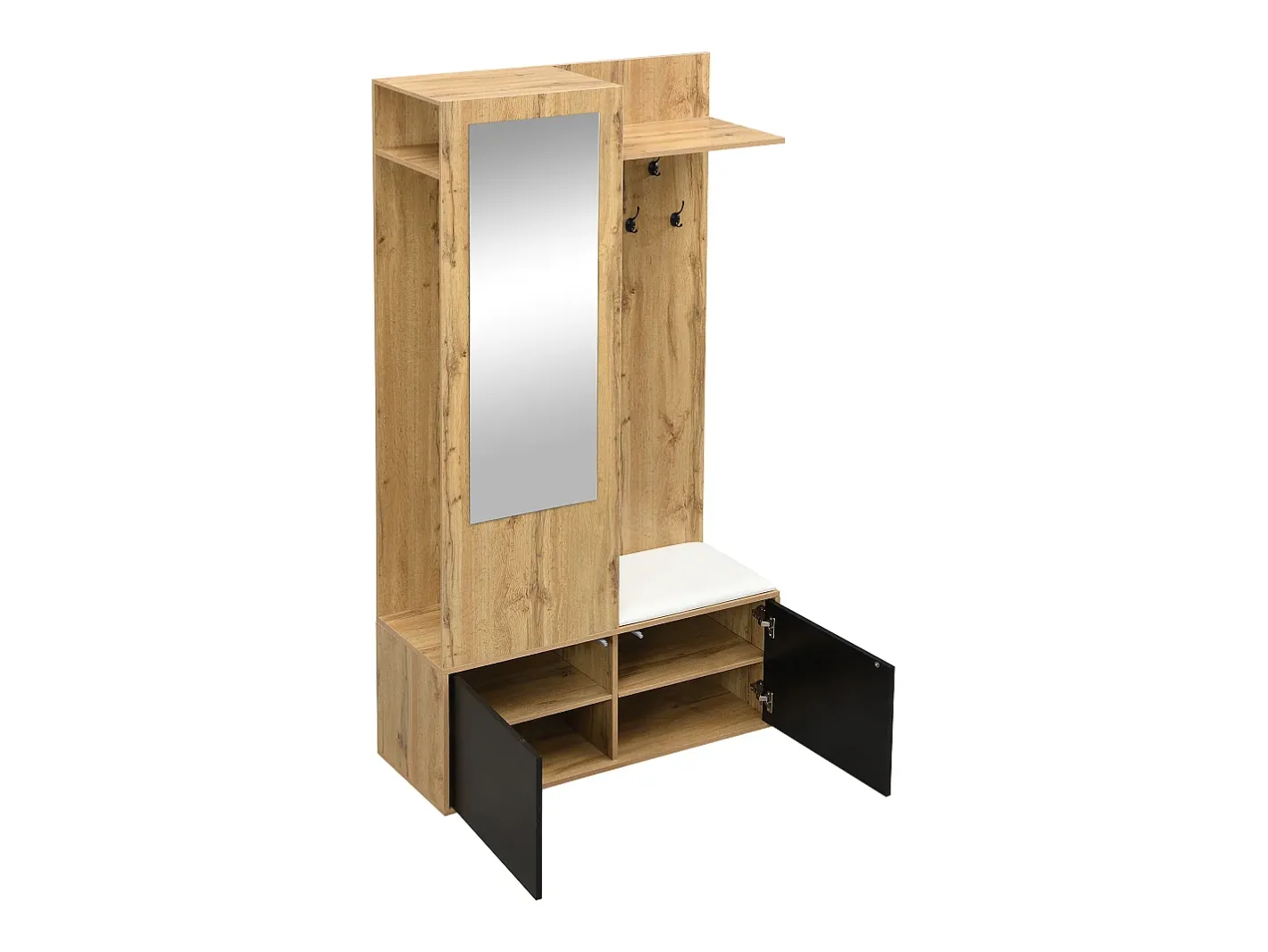 Discount Conjunto vestiário de entrada 100×38×191 cm - com cabideiro e sapateira - ganchos e 1 espelho - natural + preto Móvel De Entrada