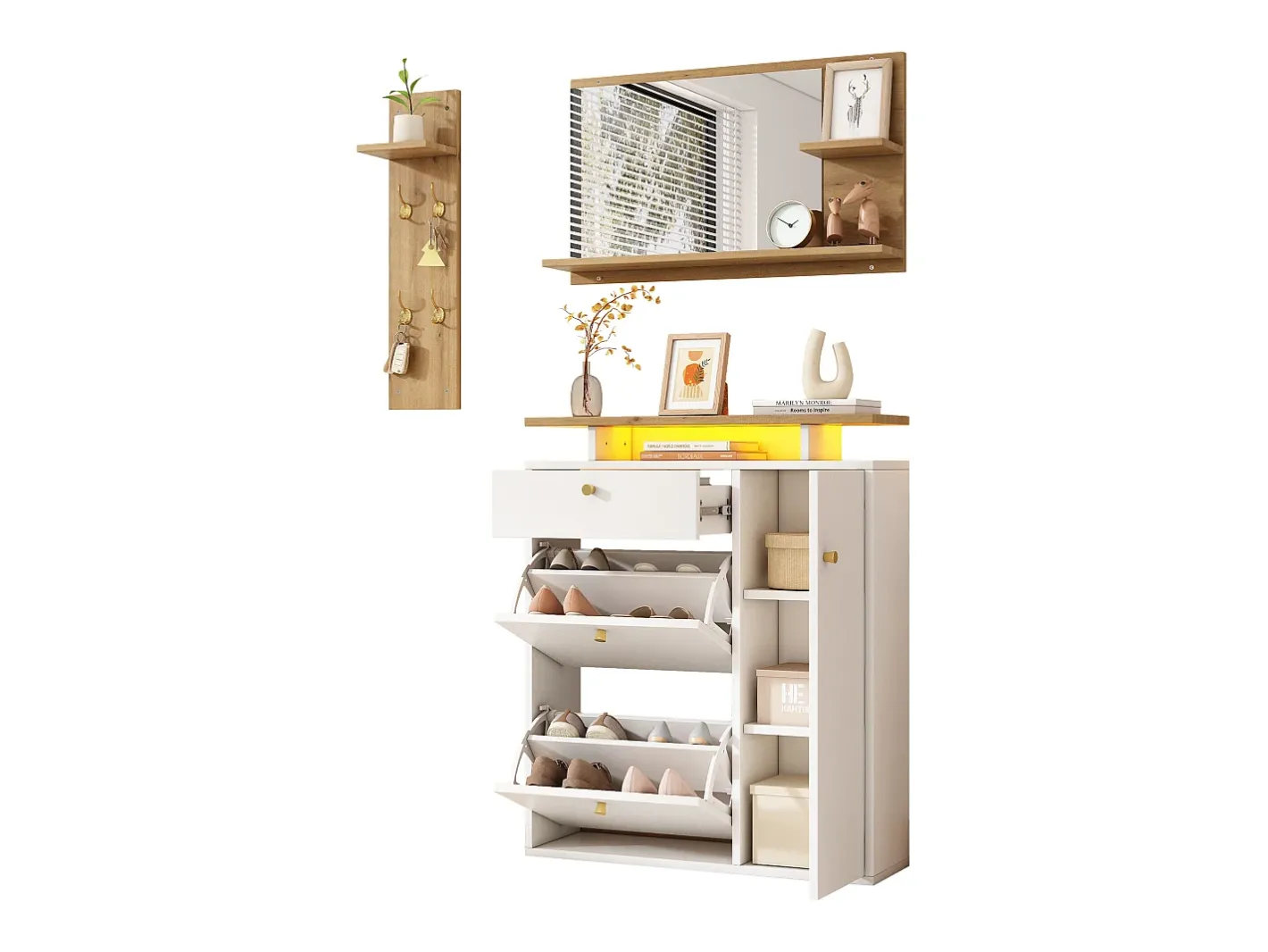 Sale Conjunto vestiário de entrada 105x25x151,5cm - con LED - con 3 portas e 1 gaveta - con espelho e móvel para sapatos - + Natural Móvel De Entrada