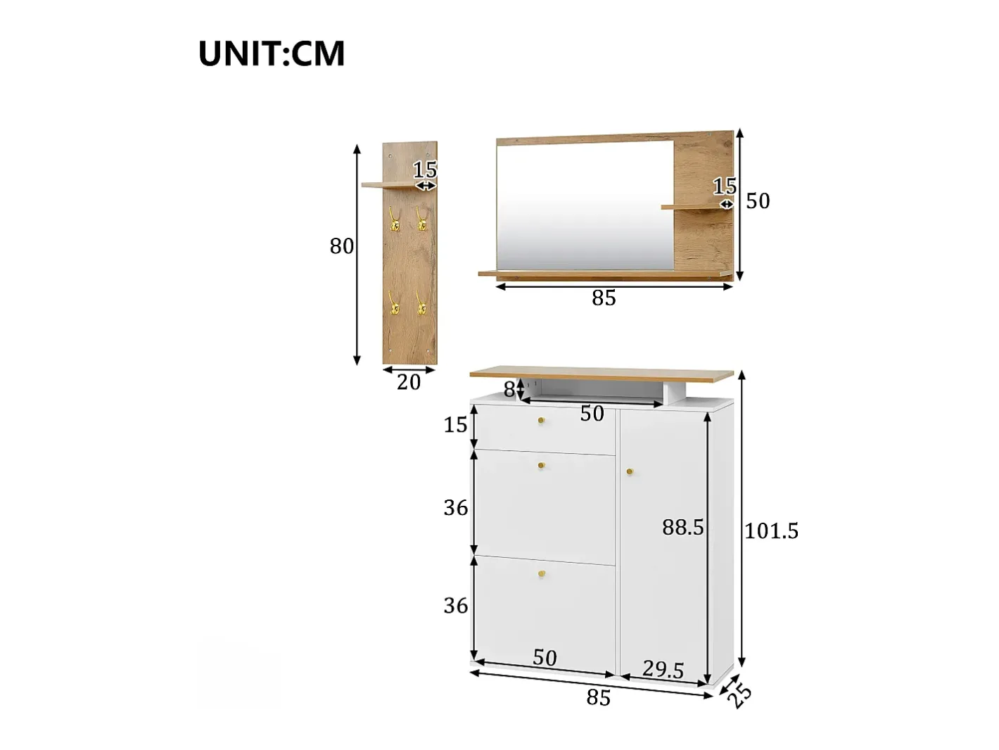 Sale Conjunto vestiário de entrada 105x25x151,5cm - con LED - con 3 portas e 1 gaveta - con espelho e móvel para sapatos - + Natural Móvel De Entrada