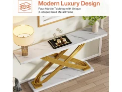 Console de entrada, 140 x 33 x 80 cm Console moderna, Mesa de entrada com pés metálicos geométricos, e Dourado*Tribesigns Online
