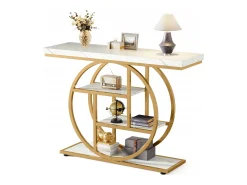 Console de Estilo Industrial de 105 cm, com 4 Níveis e Base Circular, estreita em Madeira com Prateleiras de Armazenamento (/Dourado)*Tribesigns New