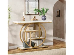 Console de Estilo Industrial de 105 cm, com 4 Níveis e Base Circular, estreita em Madeira com Prateleiras de Armazenamento (/Dourado)*Tribesigns New
