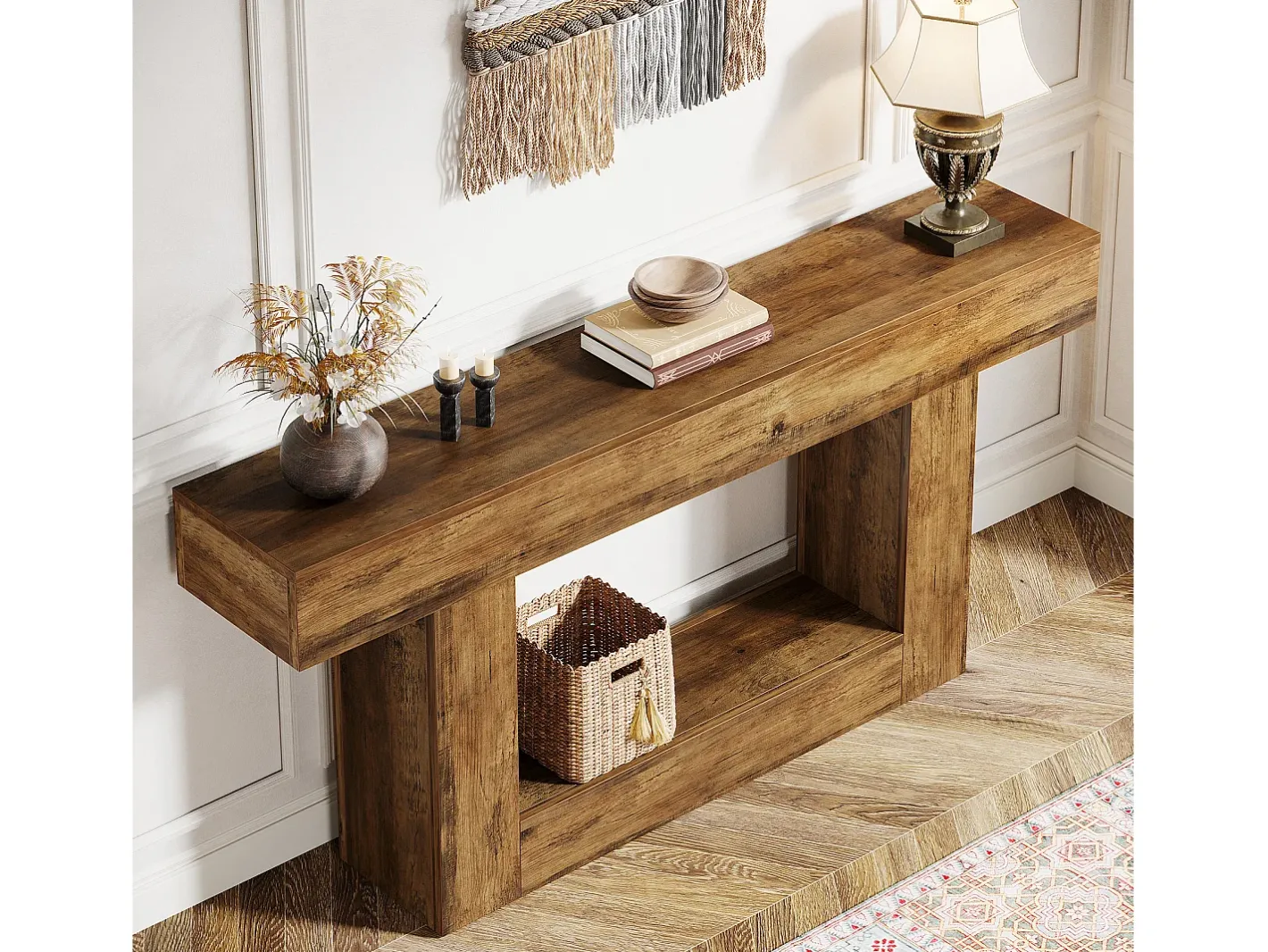 Tribesigns Consola*Console de mesa com 160 cm de comprimento, mesa de entrada com 2 andares, mesa baixa com espaço de armazenamento Castanho