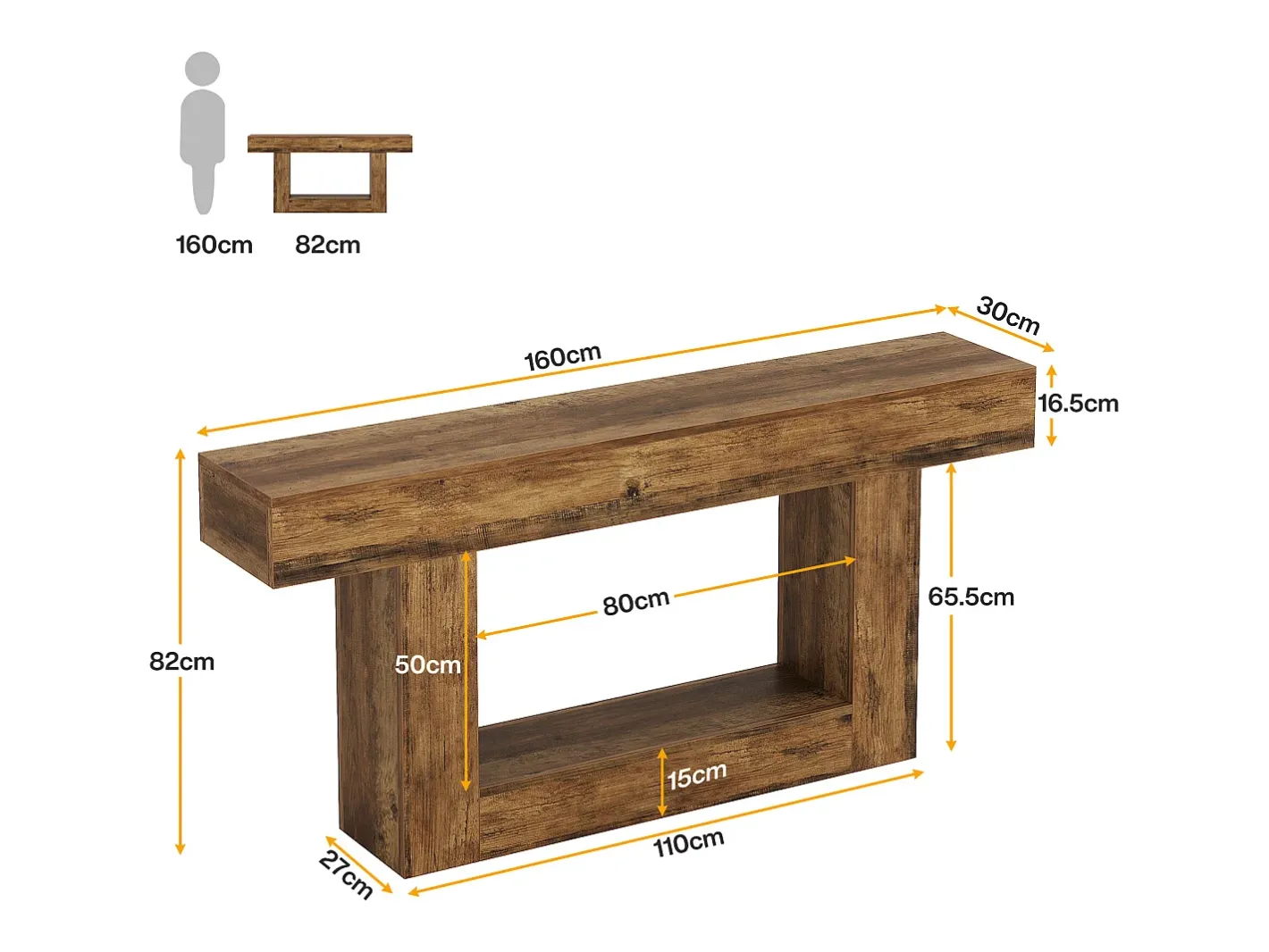 Tribesigns Consola*Console de mesa com 160 cm de comprimento, mesa de entrada com 2 andares, mesa baixa com espaço de armazenamento Castanho