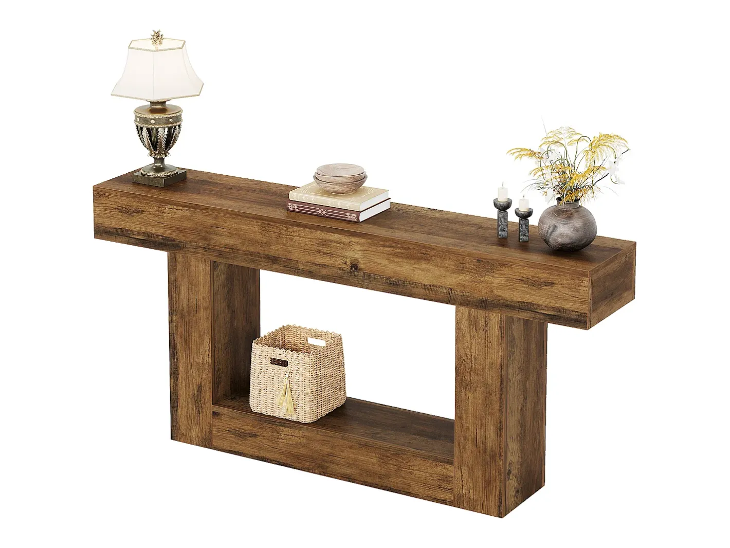 Tribesigns Consola*Console de mesa com 160 cm de comprimento, mesa de entrada com 2 andares, mesa baixa com espaço de armazenamento Castanho