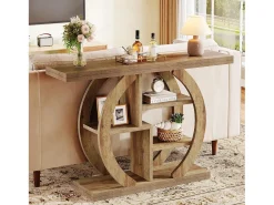 Console de mesa com 4 níveis, 108 cm, com base circular, em madeira com prateleiras de armazenamento, para sala, corredor, lareira, carvalho claro marrom^Tribesigns Outlet