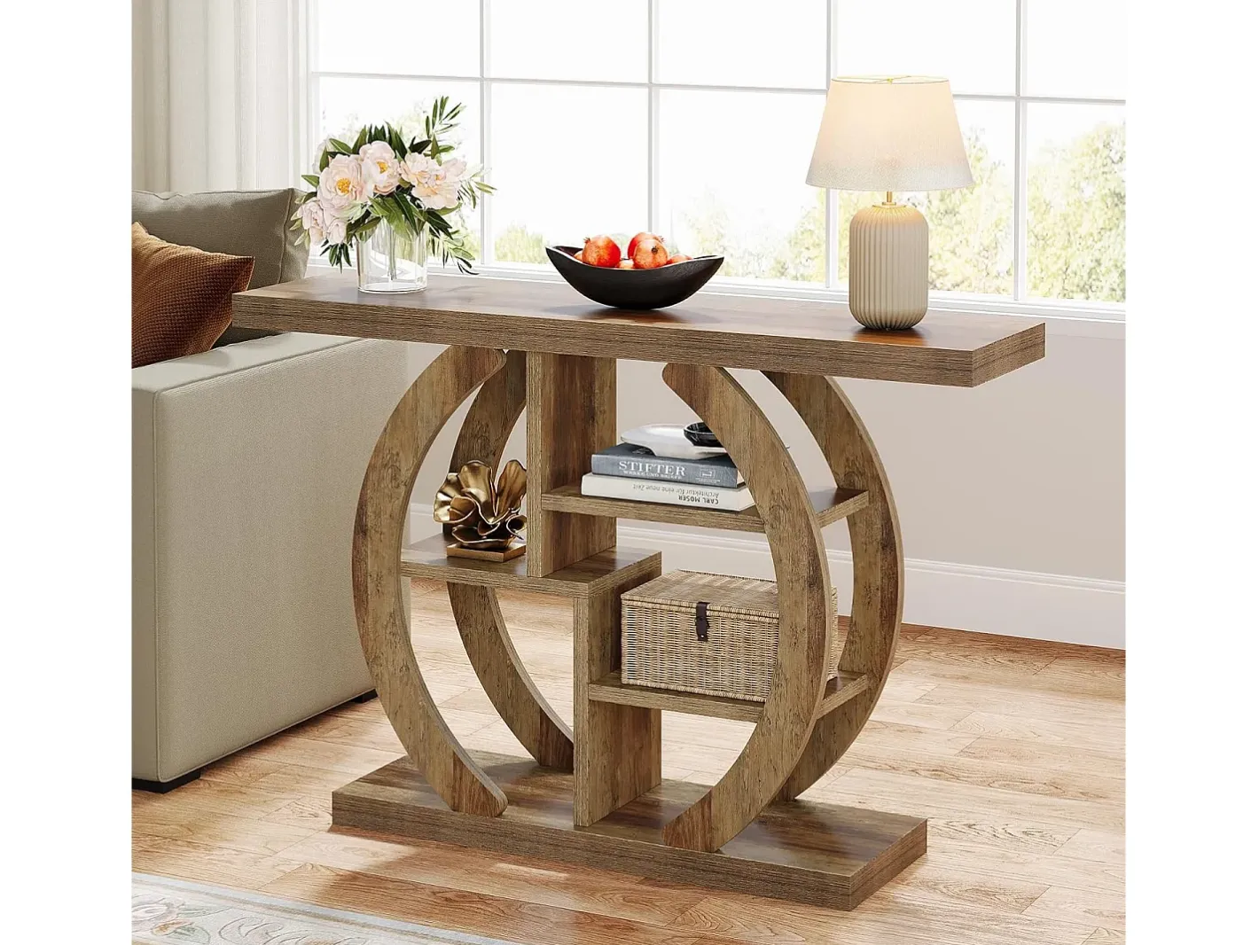 Console de mesa com 4 níveis, 108 cm, com base circular, em madeira com prateleiras de armazenamento, para sala, corredor, lareira, carvalho claro marrom^Tribesigns Outlet