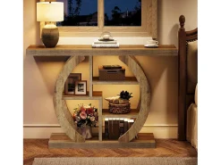 Console de mesa com 4 níveis, 108 cm, com base circular, em madeira com prateleiras de armazenamento, para sala, corredor, lareira, carvalho claro marrom^Tribesigns Outlet