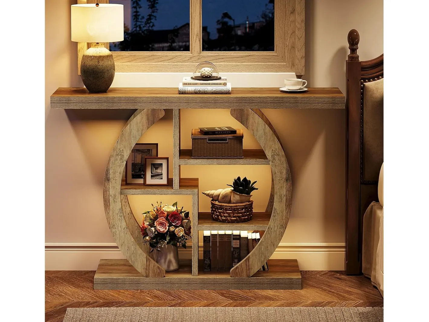 Console de mesa com 4 níveis, 108 cm, com base circular, em madeira com prateleiras de armazenamento, para sala, corredor, lareira, carvalho claro marrom^Tribesigns Outlet