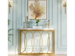 Tribesigns Consola*Console de mesa dourada, mesa de cabeceira, mesa de sofá, mesa de corredor com mesa em imitação de mármore, moldura de metal e design em meia lua Branco