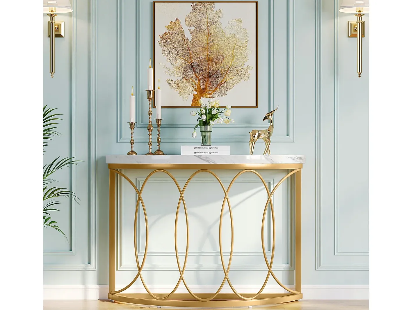 Tribesigns Consola*Console de mesa dourada, mesa de cabeceira, mesa de sofá, mesa de corredor com mesa em imitação de mármore, moldura de metal e design em meia lua Branco