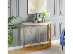 Tribesigns Consola*Console de mesa dourada, mesa de cabeceira, mesa de sofá, mesa de corredor com mesa em imitação de mármore, moldura de metal e design em meia lua Branco