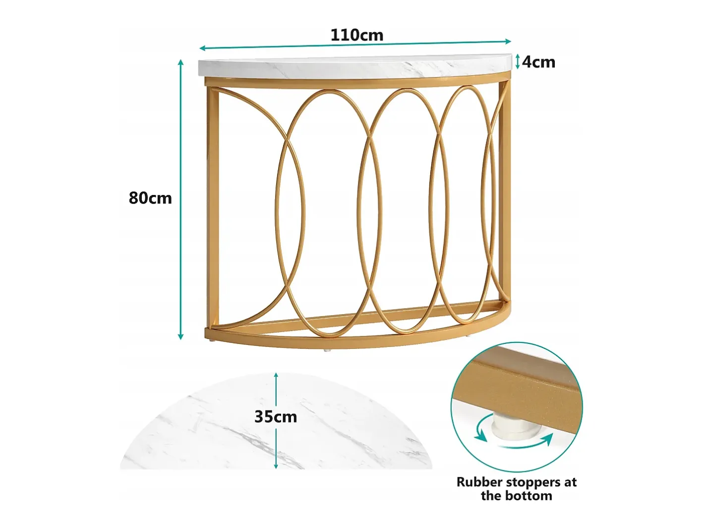 Tribesigns Consola*Console de mesa dourada, mesa de cabeceira, mesa de sofá, mesa de corredor com mesa em imitação de mármore, moldura de metal e design em meia lua Branco
