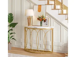 Tribesigns Consola*Console de mesa dourada, mesa de cabeceira, mesa de sofá, mesa de corredor com mesa em imitação de mármore, moldura de metal e design em meia lua Branco