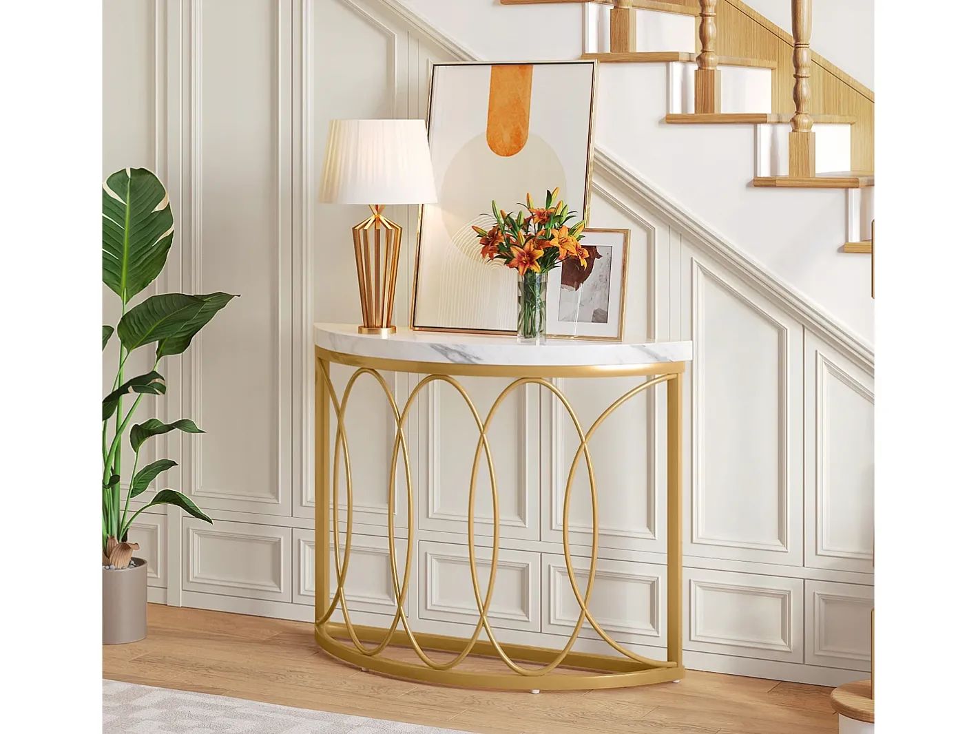 Tribesigns Consola*Console de mesa dourada, mesa de cabeceira, mesa de sofá, mesa de corredor com mesa em imitação de mármore, moldura de metal e design em meia lua Branco