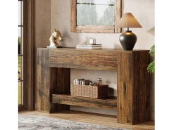 Console de Mesa Rústica Marrom com 2 Gavetas, Console de Mesa Estreita de 2 Níveis de 140cm*Tribesigns Discount