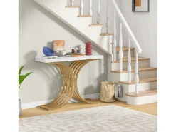 Tribesigns Consola*Console estreita para mesa, mesa auxiliar com estrutura em metal dourado, 100 x 30 x 80 cm, pequena mesa de exposição Branco