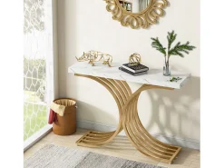 Tribesigns Consola*Console estreita para mesa, mesa auxiliar com estrutura em metal dourado, 100 x 30 x 80 cm, pequena mesa de exposição Branco